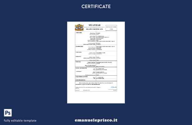Modello Word e PDF del certificato di morte del Myanmar in stile verificato